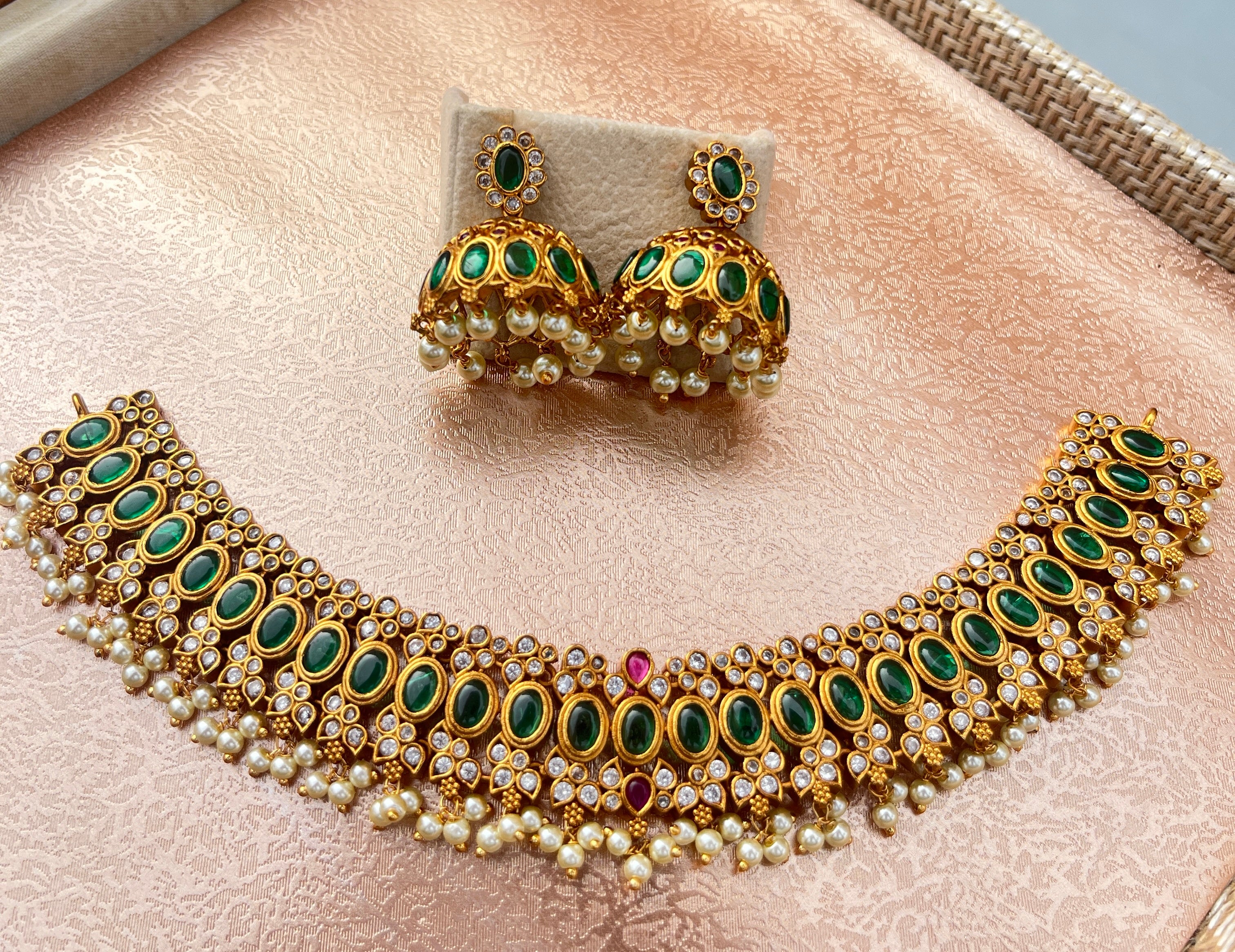 Premium Green Stone Choker Necklace Set