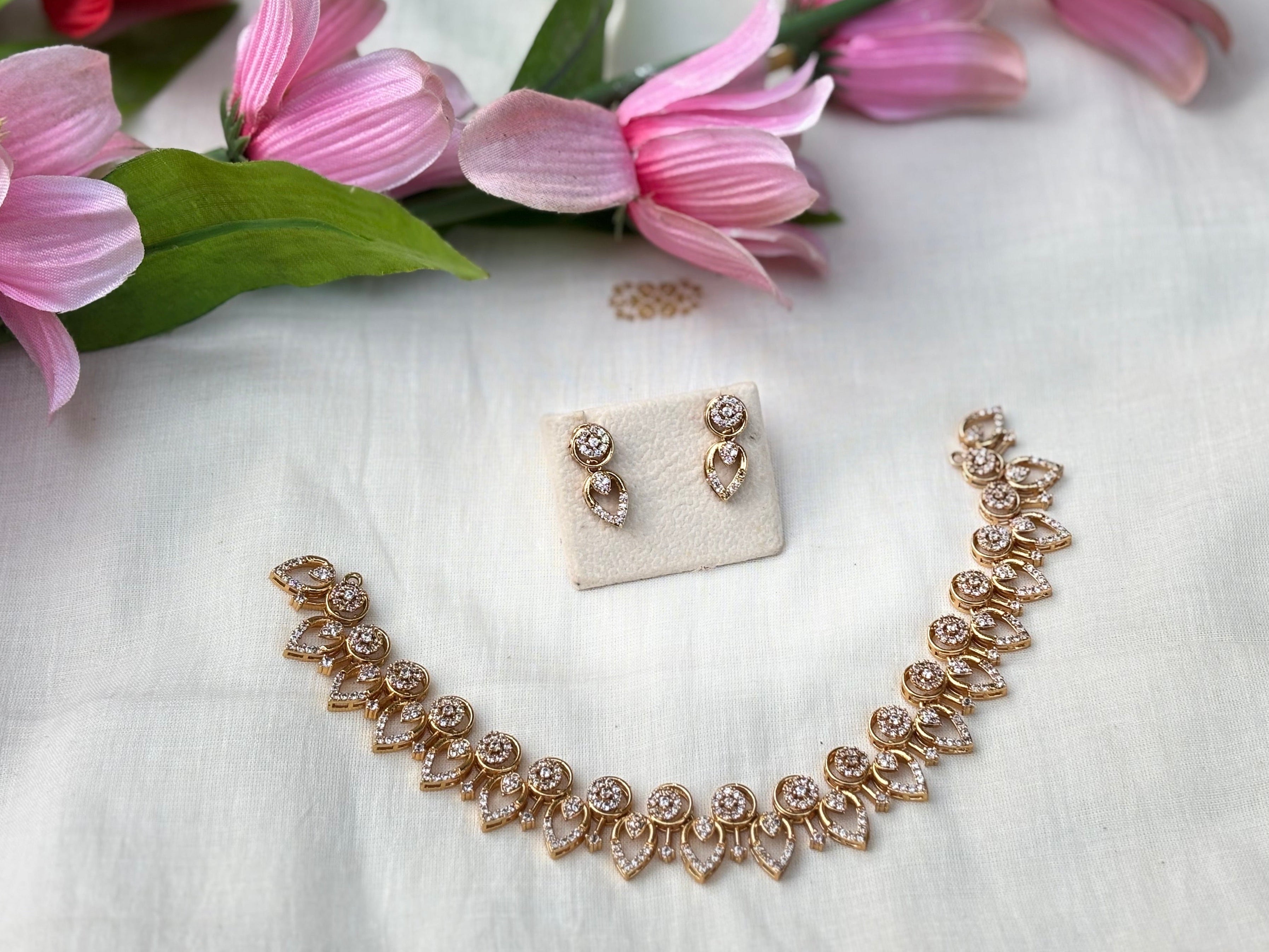 Rose Gold Leaf CZ Necklace Set