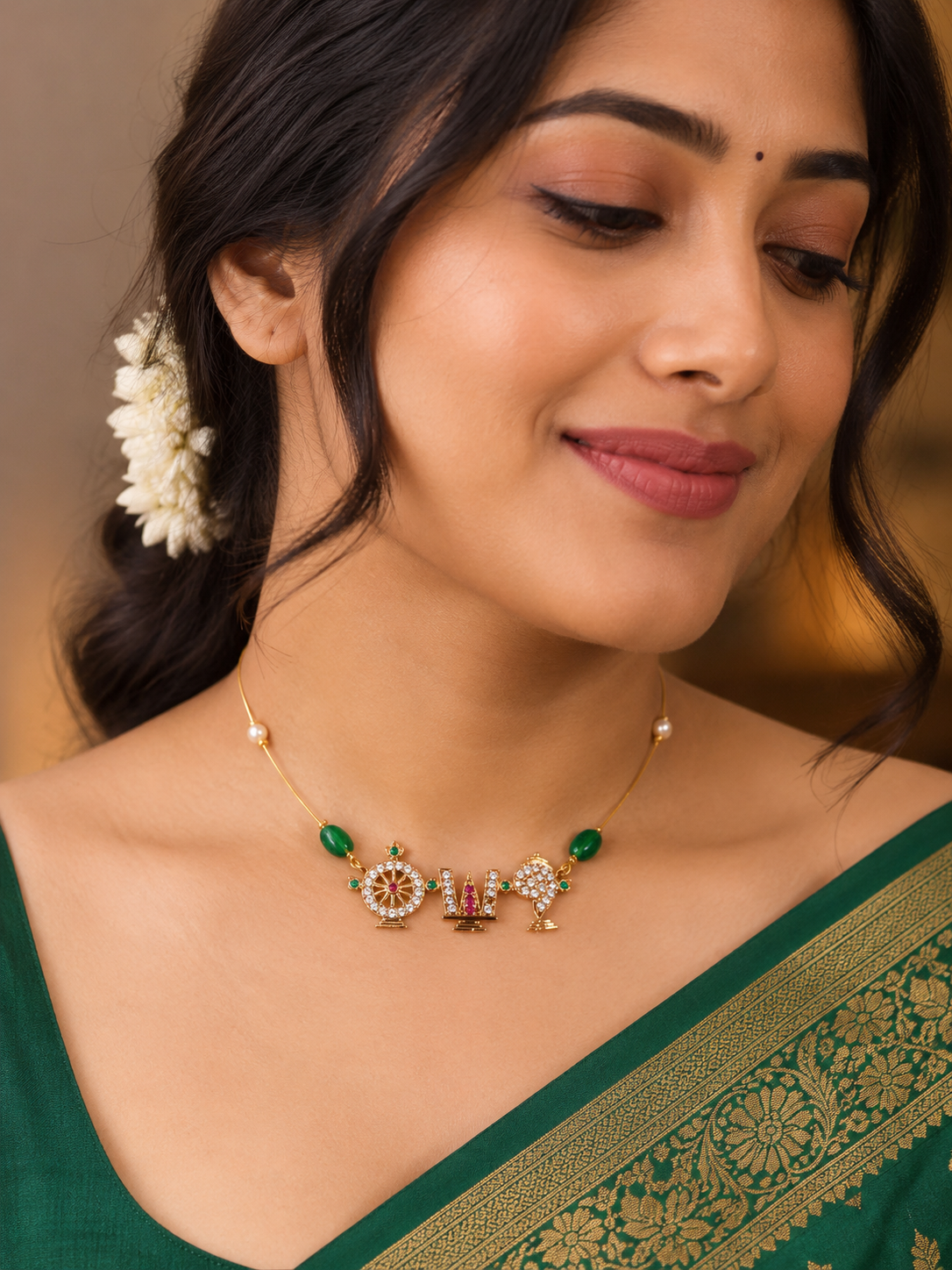 Lakshmi Motif Green Bead Gold-Tone Necklace