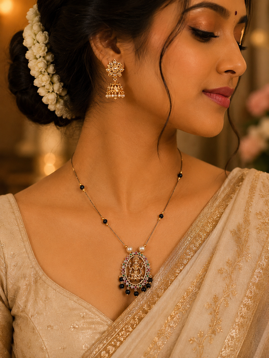Temple Lakshmi Black Bead Pendant Necklace