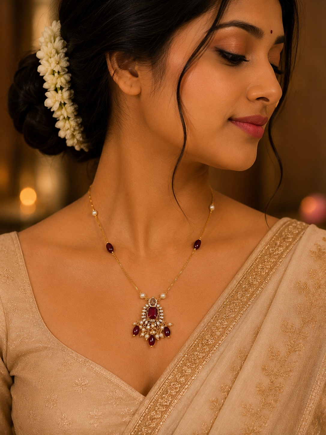 Ruby Red Stone Pearl Beaded Pendant Necklace