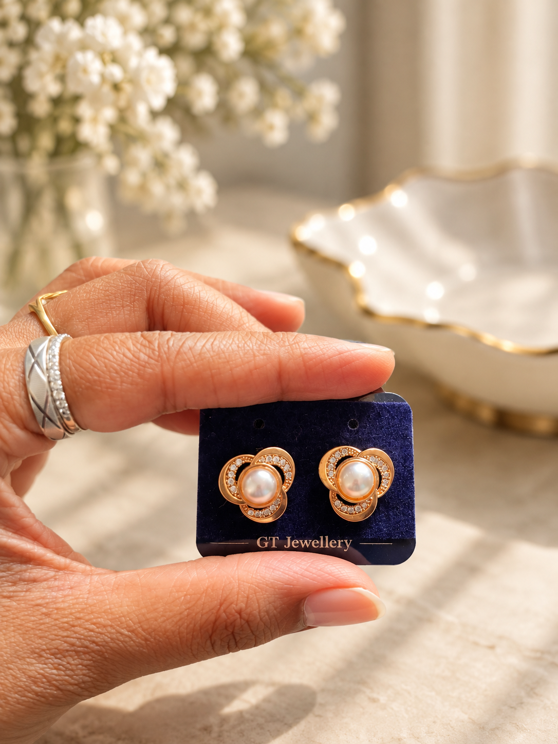 Elegant Pearl Floral Stud Earrings