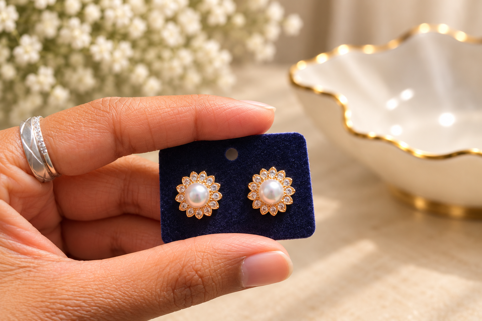 Elegant Sunflower Pearl Stud Earrings