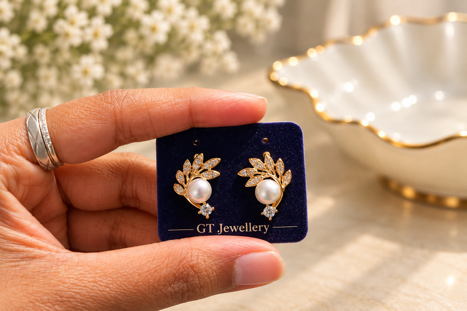 Elegant Pearl Leaf Stud Earrings