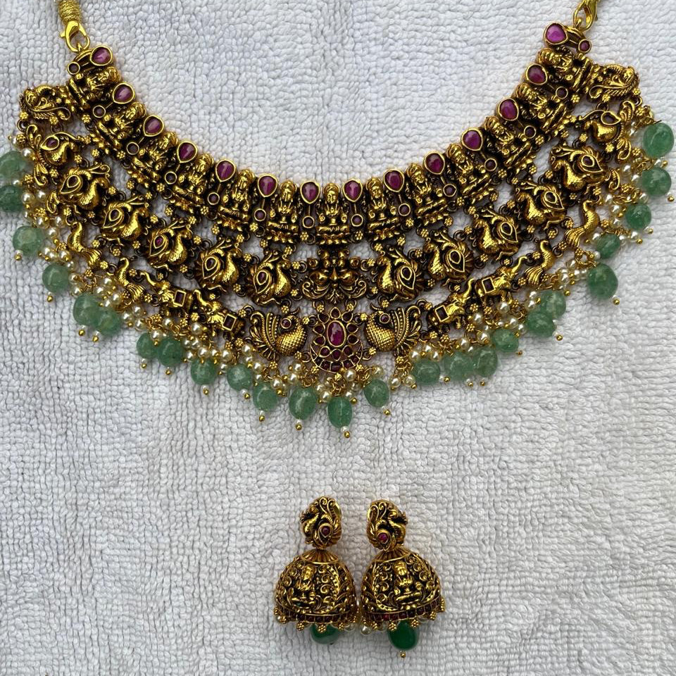 Antique Temple Lakshmi Choker Necklace Set with Jhumkas