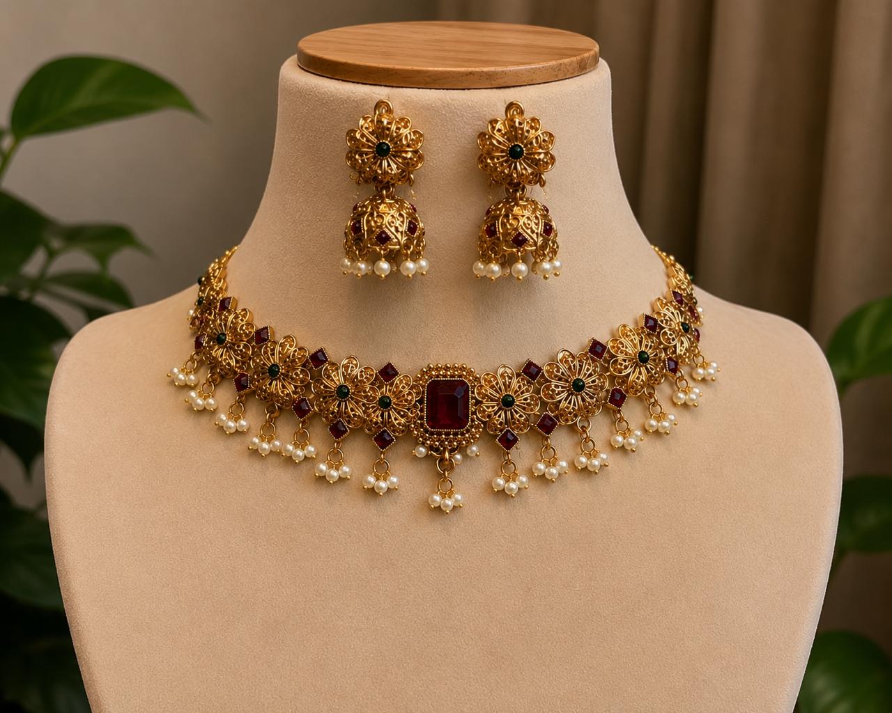 Antique Floral Ruby Choker Set