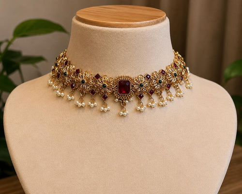 Antique Floral Ruby Choker Set