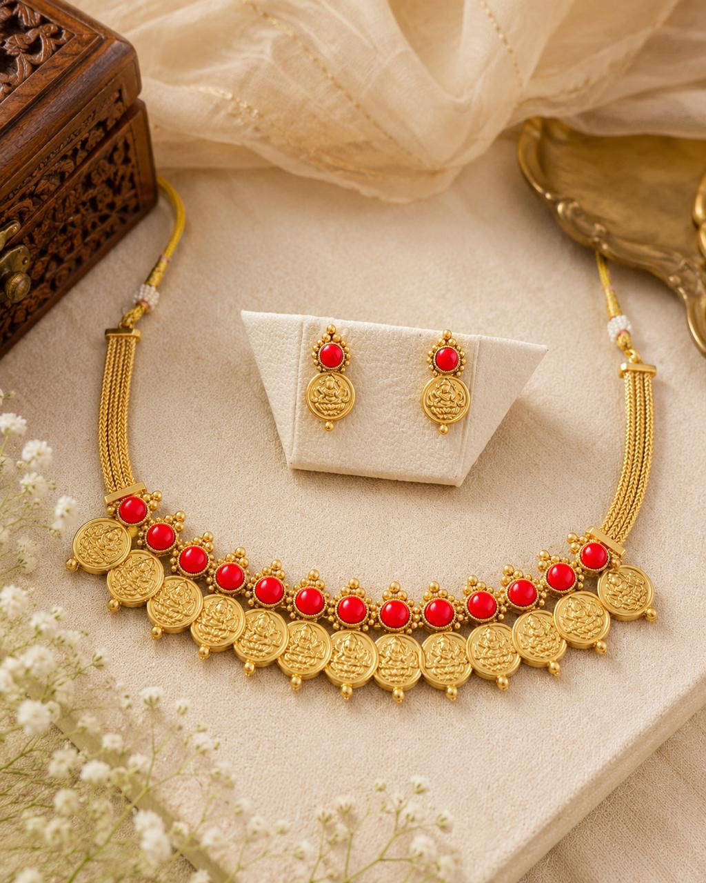 Temple Lakshmi Coin Necklace Set with Ruby Stones