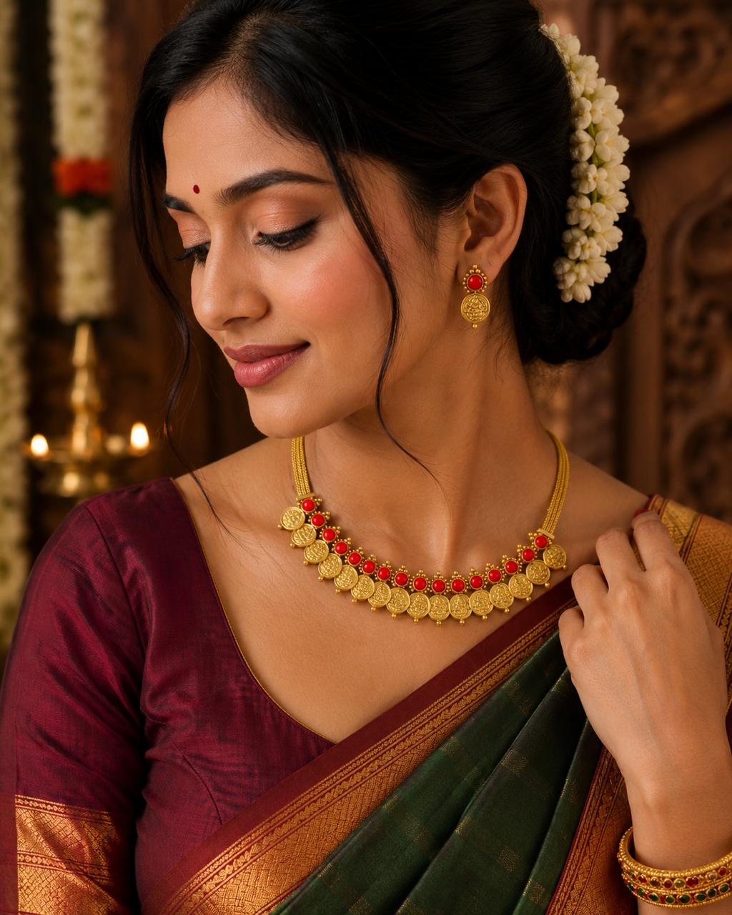 Temple Lakshmi Coin Necklace Set with Ruby Stones