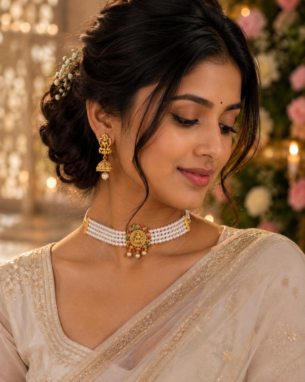 Temple Pearl Choker Necklace Set
