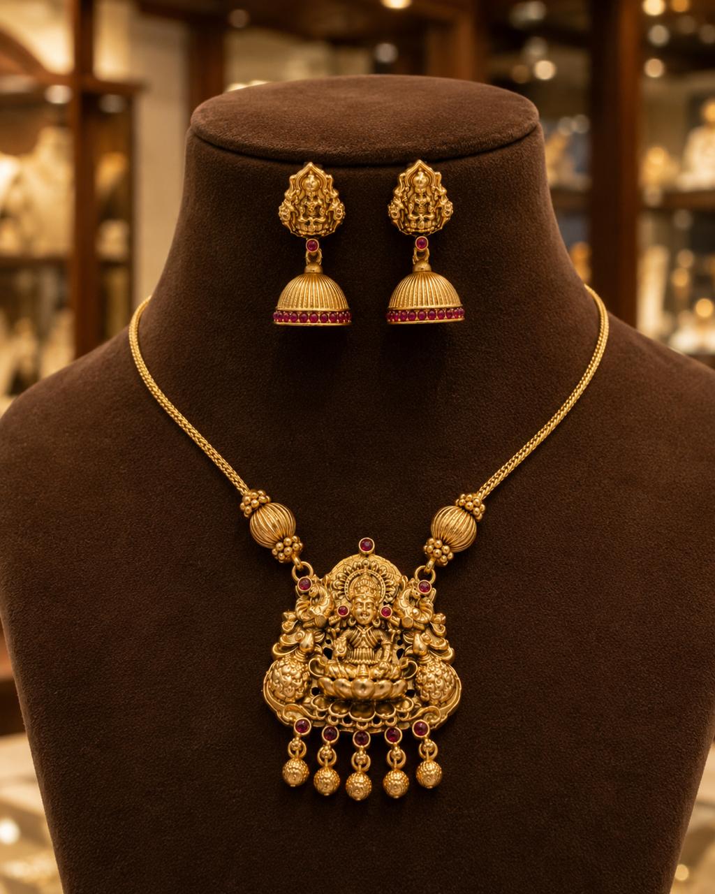 Temple Lakshmi Pendant Necklace Set