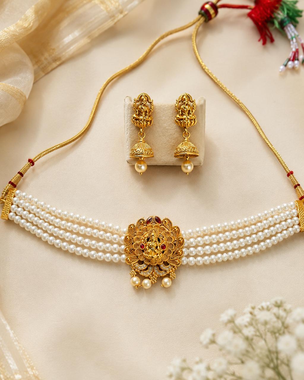 Temple Pearl Choker Necklace Set