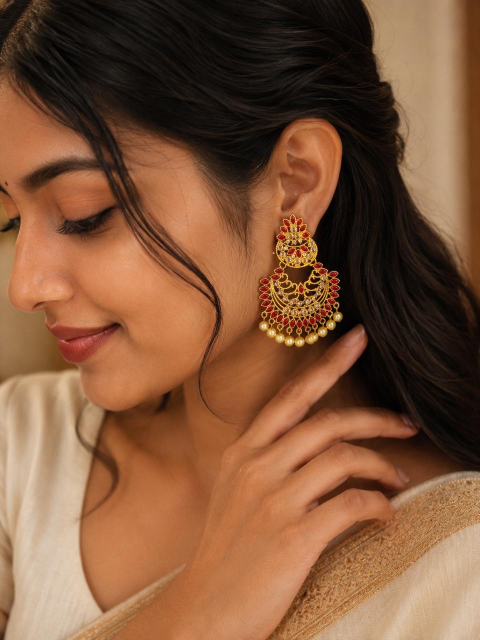 Antique Ruby Chandbali Earrings with Pearl Drops