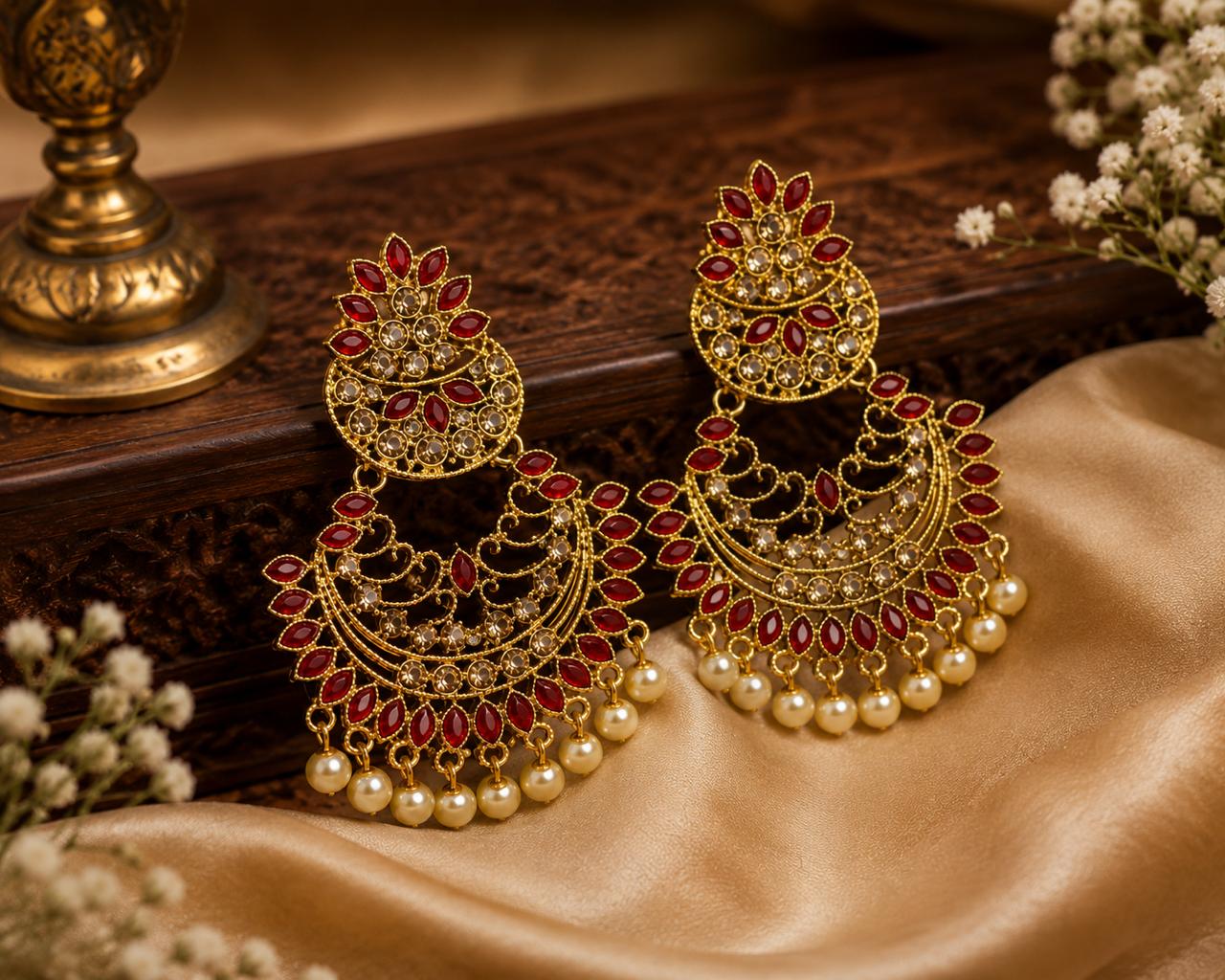 Antique Ruby Chandbali Earrings with Pearl Drops