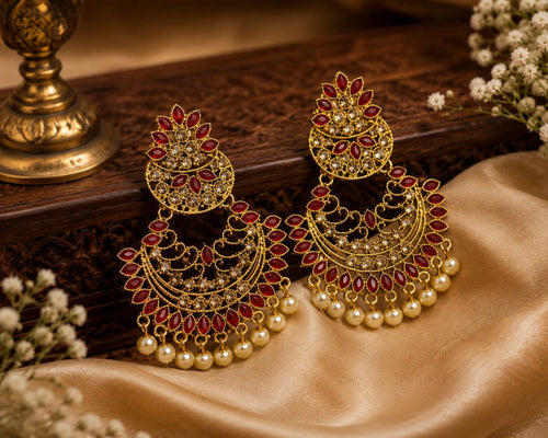Antique Ruby Chandbali Earrings with Pearl Drops