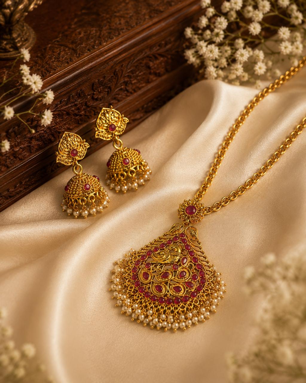 Antique Ruby Temple Pendant Set