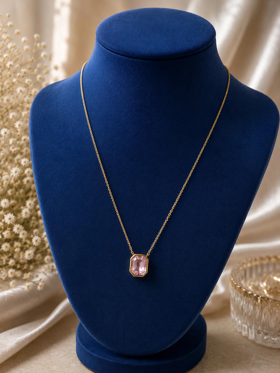 legant Pink Emerald-Cut Crystal Pendant Necklace