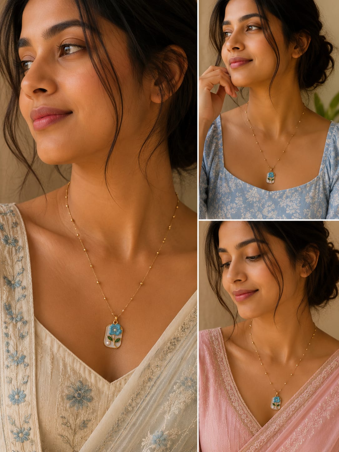 Blue Floral Pendant Necklace