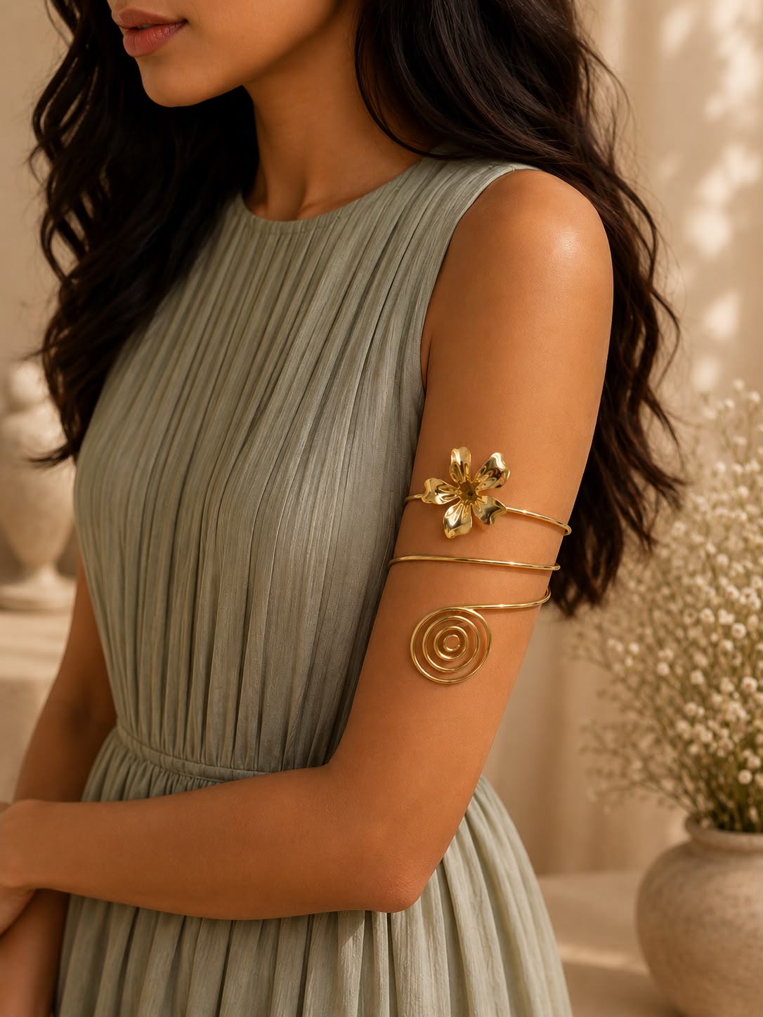 Golden Floral Spiral Arm Cuff