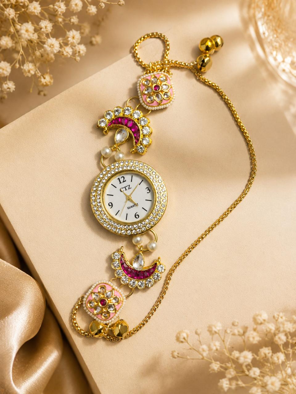 Pink Kundan Adjustable Bracelet Watch for Women