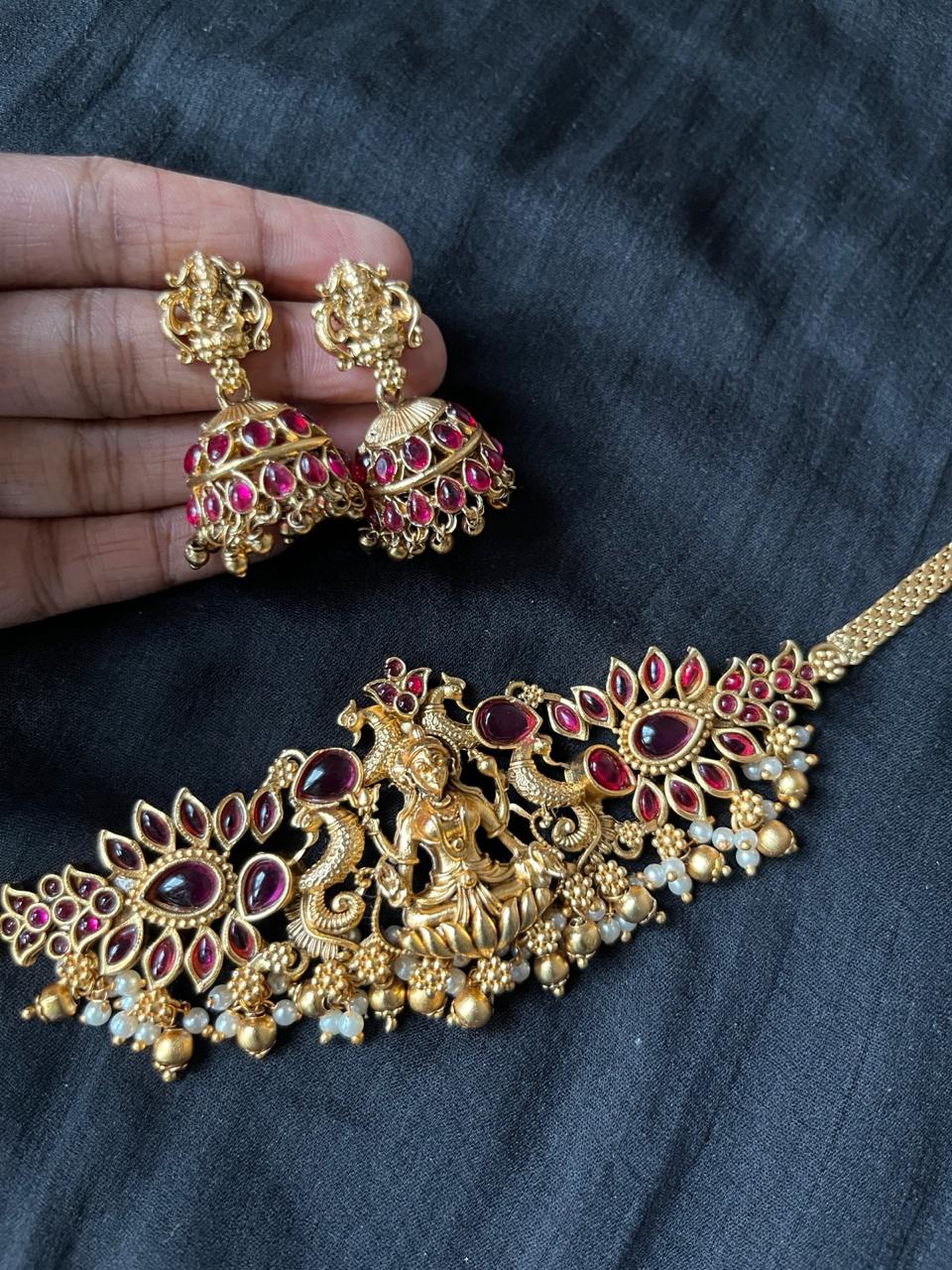 Antique Lakshmi Temple Choker Necklace Set with Jhumkas