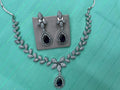 American Diamond (AD) Leaf Design Necklace Set with Sapphire Blue Pendant
