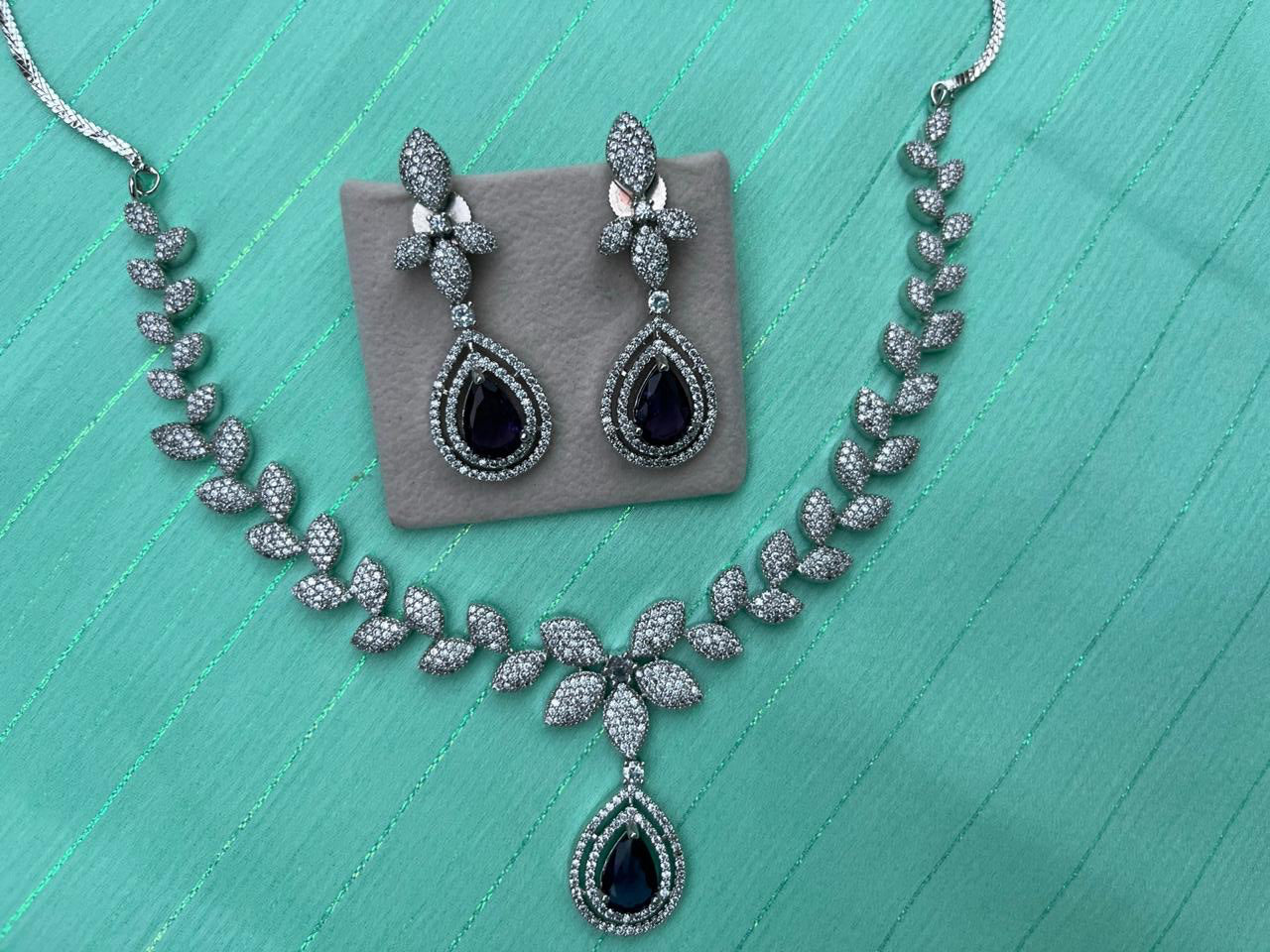 American Diamond (AD) Leaf Design Necklace Set with Sapphire Blue Pendant