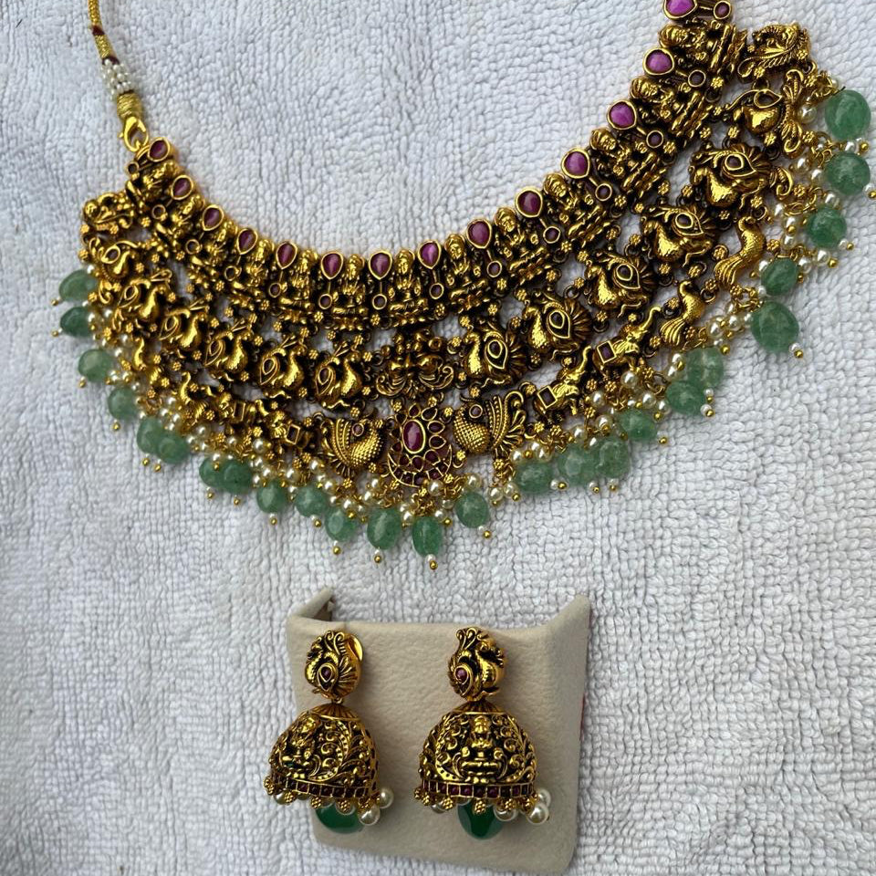 Antique Temple Lakshmi Choker Necklace Set with Jhumkas